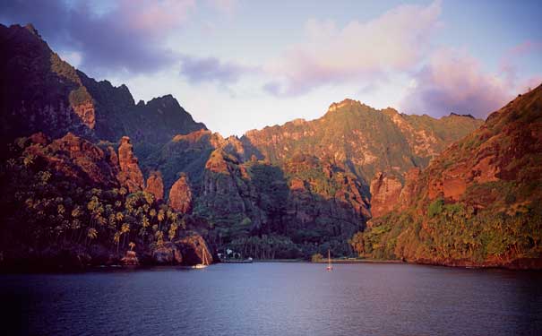 The-Bay-of-Virgins,-Fatu-Hiva-at-sunset.